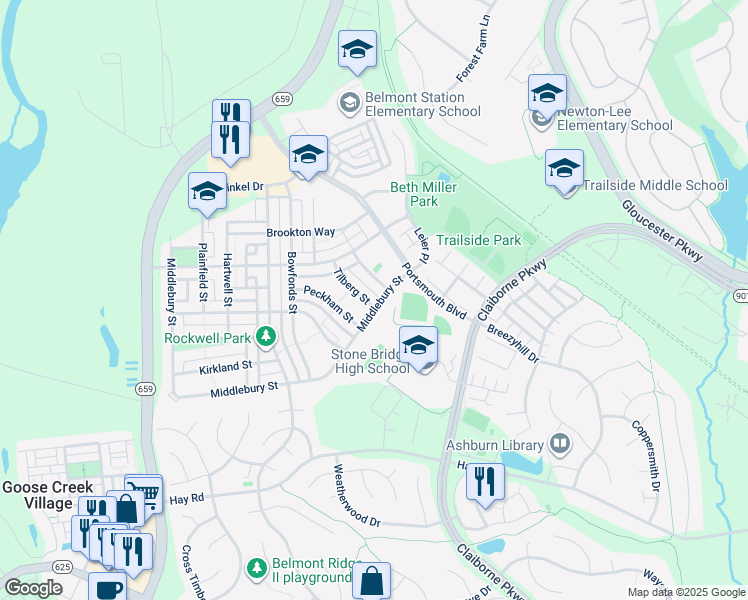 map of restaurants, bars, coffee shops, grocery stores, and more near 20418 Tilberg Street in Ashburn