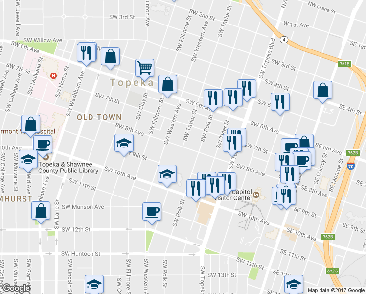map of restaurants, bars, coffee shops, grocery stores, and more near SW 8th Ave & SW Taylor St in Topeka