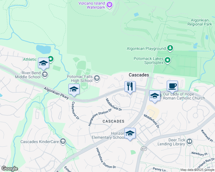 map of restaurants, bars, coffee shops, grocery stores, and more near 46502 Lynnhaven Square in Sterling