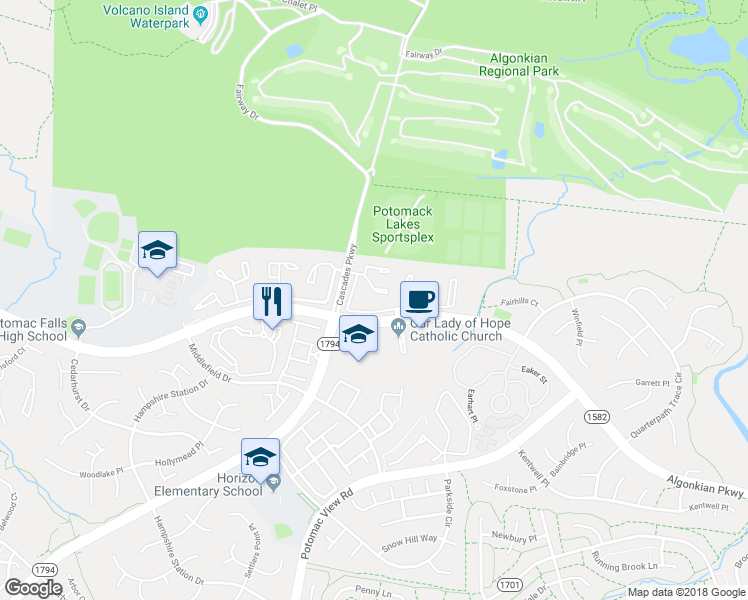 map of restaurants, bars, coffee shops, grocery stores, and more near 46776 Graham Cove Square in Sterling