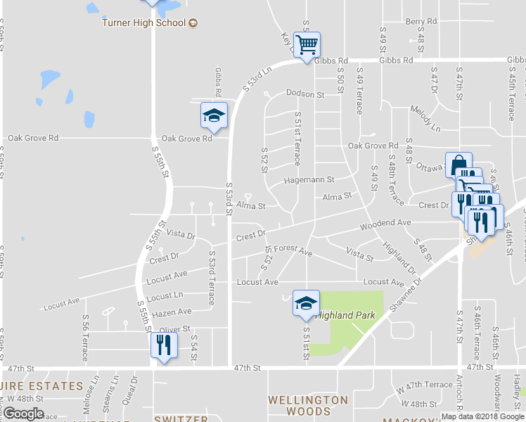 map of restaurants, bars, coffee shops, grocery stores, and more near 5205 Alma Street in Kansas City