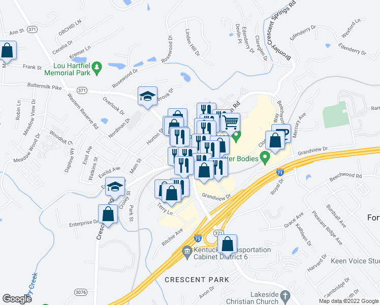 map of restaurants, bars, coffee shops, grocery stores, and more near in Crescent Springs