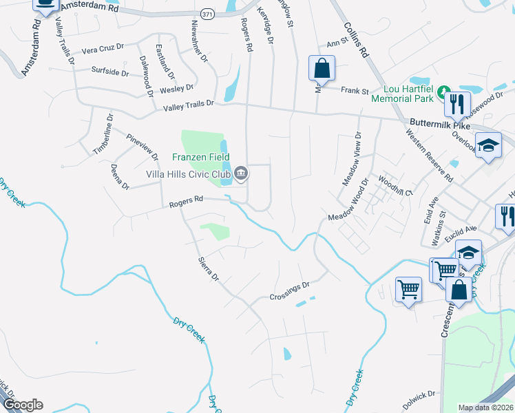 map of restaurants, bars, coffee shops, grocery stores, and more near 654 Lakeshore Drive in Villa Hills