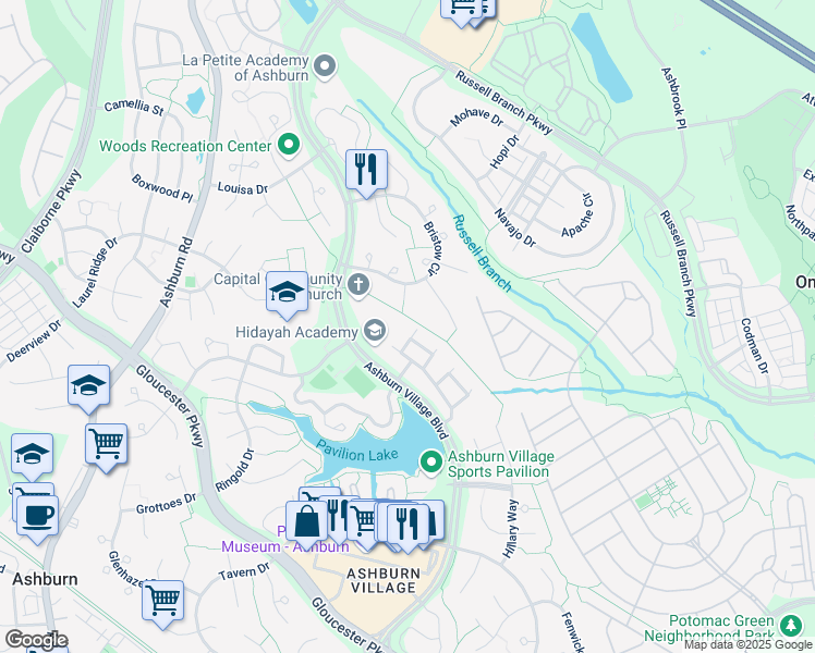 map of restaurants, bars, coffee shops, grocery stores, and more near 44188 Mossy Brook Square in Ashburn
