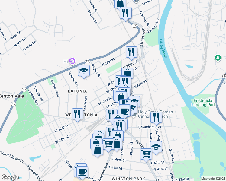 map of restaurants, bars, coffee shops, grocery stores, and more near 35 West 32nd Street in Covington