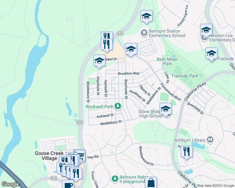 map of restaurants, bars, coffee shops, grocery stores, and more near 20419 Charter Oak Drive in Ashburn