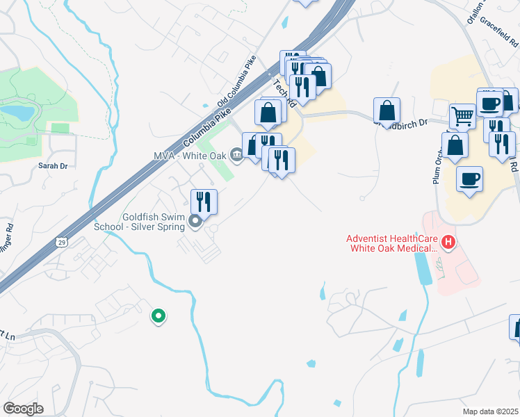 map of restaurants, bars, coffee shops, grocery stores, and more near 11961 Tech Road in Silver Spring