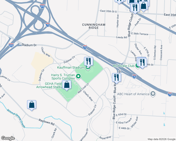 map of restaurants, bars, coffee shops, grocery stores, and more near 1 Royal Way in Kansas City