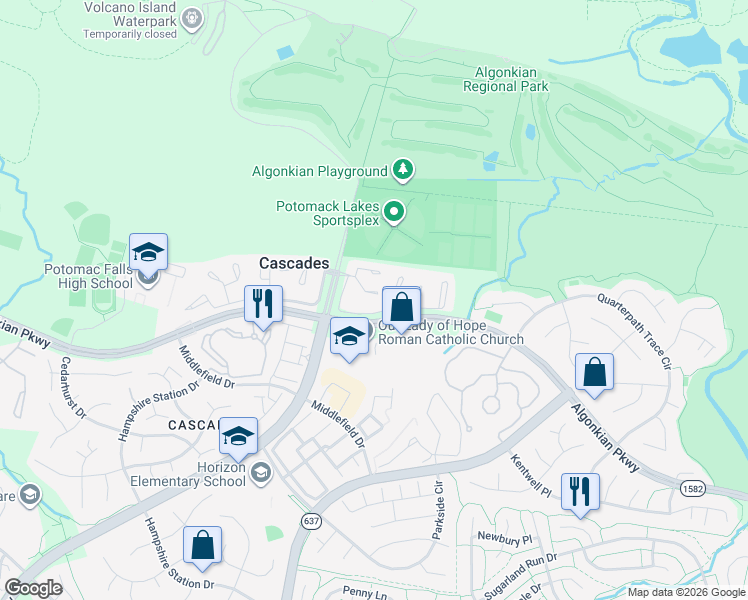 map of restaurants, bars, coffee shops, grocery stores, and more near 20396 Ashcroft Terrace in Sterling
