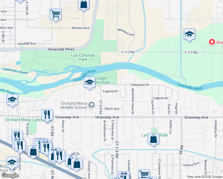 map of restaurants, bars, coffee shops, grocery stores, and more near 2746 Laguna Dr in Grand Junction