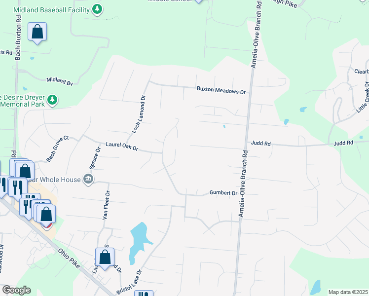 map of restaurants, bars, coffee shops, grocery stores, and more near 1387 Whitaker Lane in Amelia