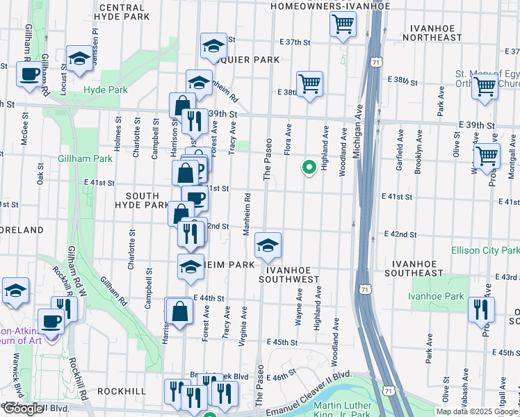 map of restaurants, bars, coffee shops, grocery stores, and more near in Kansas City