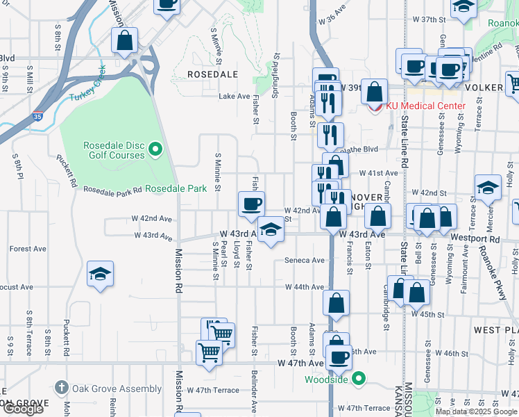map of restaurants, bars, coffee shops, grocery stores, and more near 2715 West 42nd Avenue in Kansas City