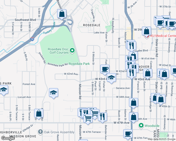 map of restaurants, bars, coffee shops, grocery stores, and more near 4207 South Thompson Street in Kansas City