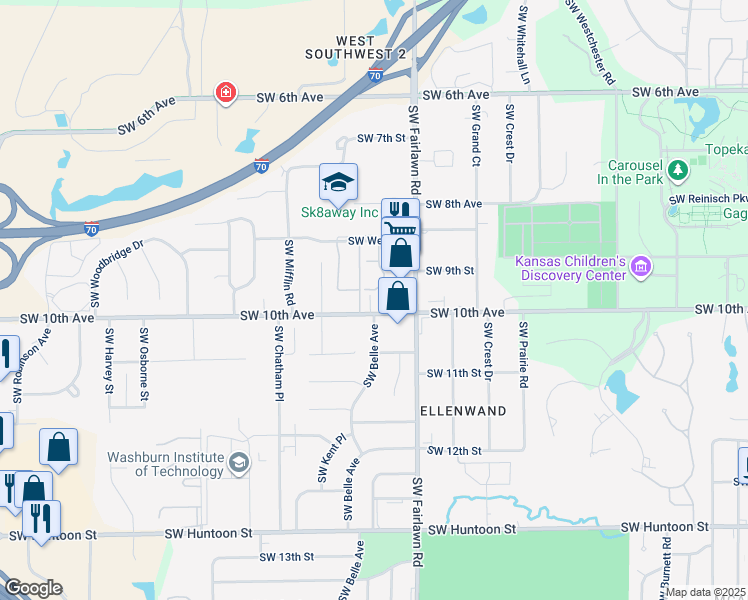 map of restaurants, bars, coffee shops, grocery stores, and more near 1001 SW Belle Ave in Topeka