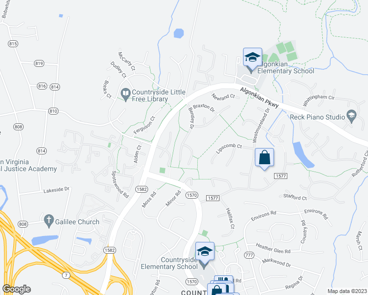 map of restaurants, bars, coffee shops, grocery stores, and more near 2 Worthington Court in Sterling