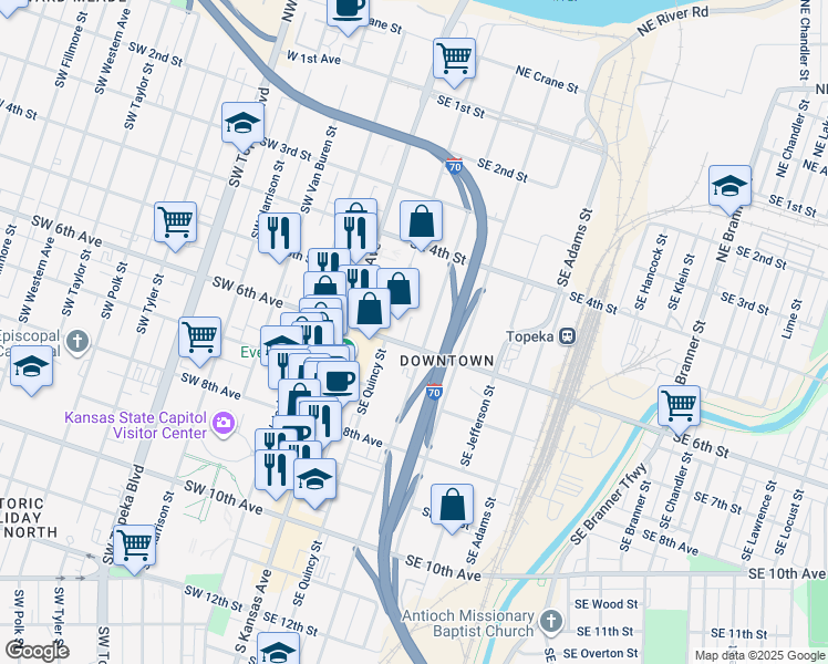 map of restaurants, bars, coffee shops, grocery stores, and more near in Topeka