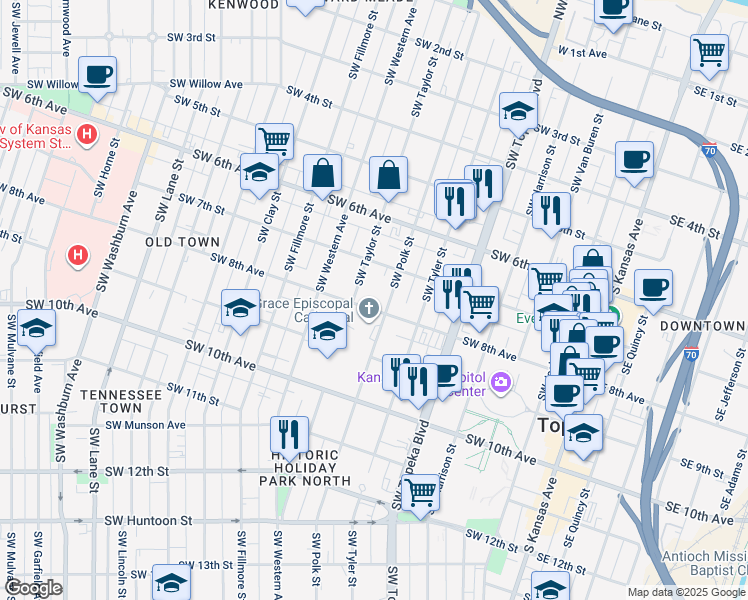 map of restaurants, bars, coffee shops, grocery stores, and more near 710 Southwest 8th Avenue in Topeka