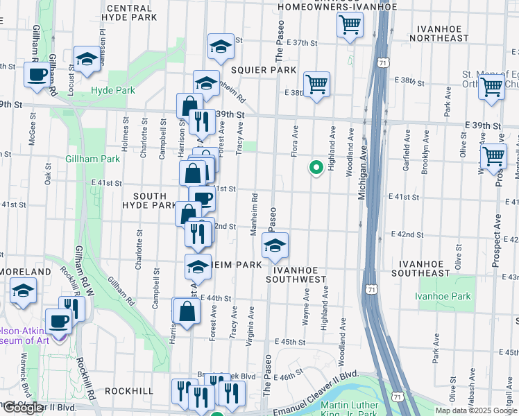 map of restaurants, bars, coffee shops, grocery stores, and more near 4123 Virginia Avenue in Kansas City