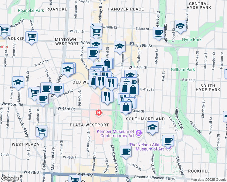 map of restaurants, bars, coffee shops, grocery stores, and more near 4177 Broadway Boulevard in Kansas City