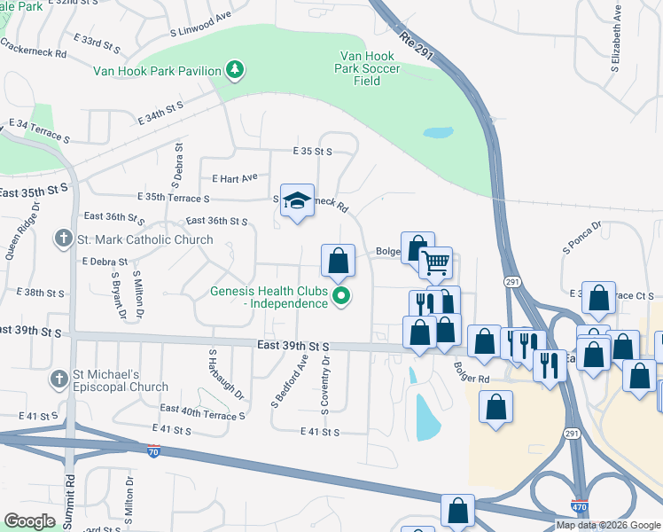 map of restaurants, bars, coffee shops, grocery stores, and more near 17407 East 37th Terrace in Independence