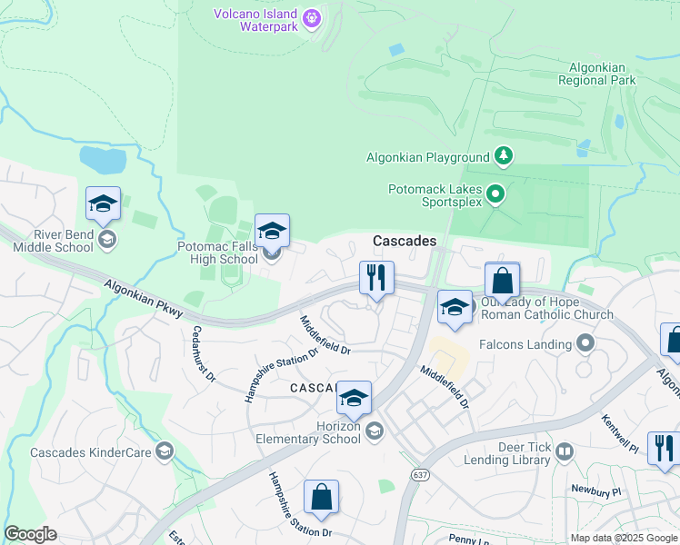 map of restaurants, bars, coffee shops, grocery stores, and more near 20395 Marguritte Square in Sterling