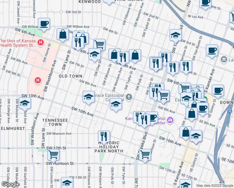 map of restaurants, bars, coffee shops, grocery stores, and more near 899 Southwest 8th Avenue in Topeka