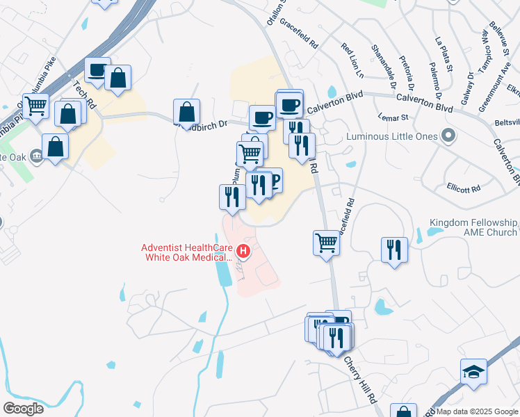 map of restaurants, bars, coffee shops, grocery stores, and more near 12000 Cherry Hill Road in Silver Spring