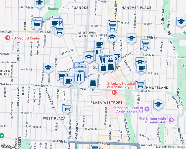 map of restaurants, bars, coffee shops, grocery stores, and more near 701 Westport Road in Kansas City