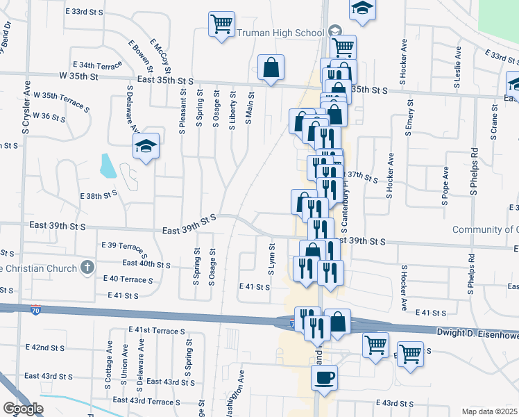map of restaurants, bars, coffee shops, grocery stores, and more near 13608 East 38 Terrace South in Independence