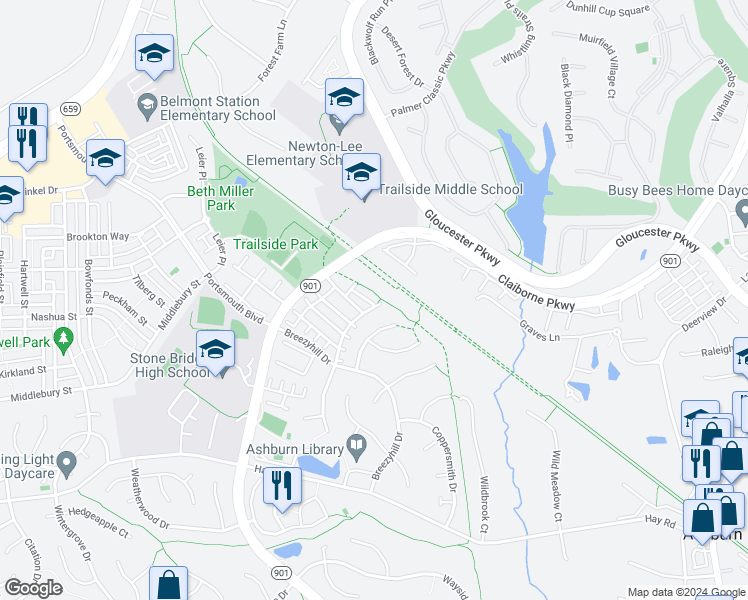 map of restaurants, bars, coffee shops, grocery stores, and more near 43414 Edgecliff Terrace in Ashburn