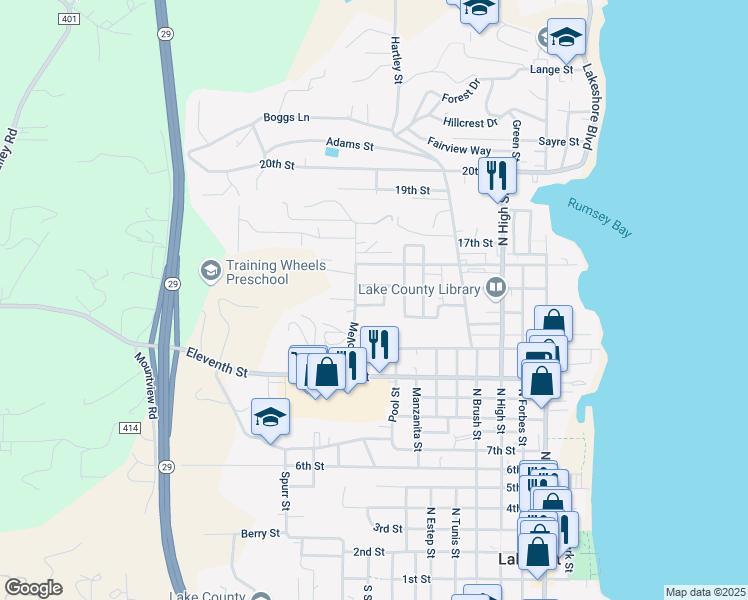 map of restaurants, bars, coffee shops, grocery stores, and more near 868 14th Street in Lakeport
