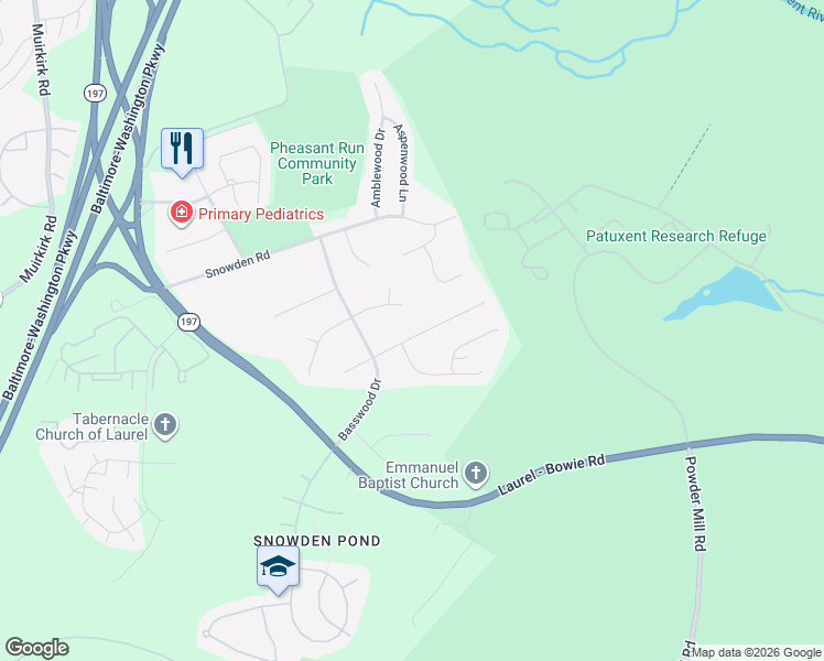 map of restaurants, bars, coffee shops, grocery stores, and more near 10302 Balsamwood Drive in Laurel
