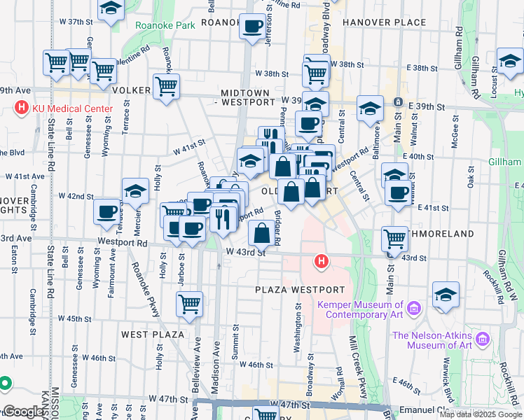 map of restaurants, bars, coffee shops, grocery stores, and more near 697 Westport Road in Kansas City
