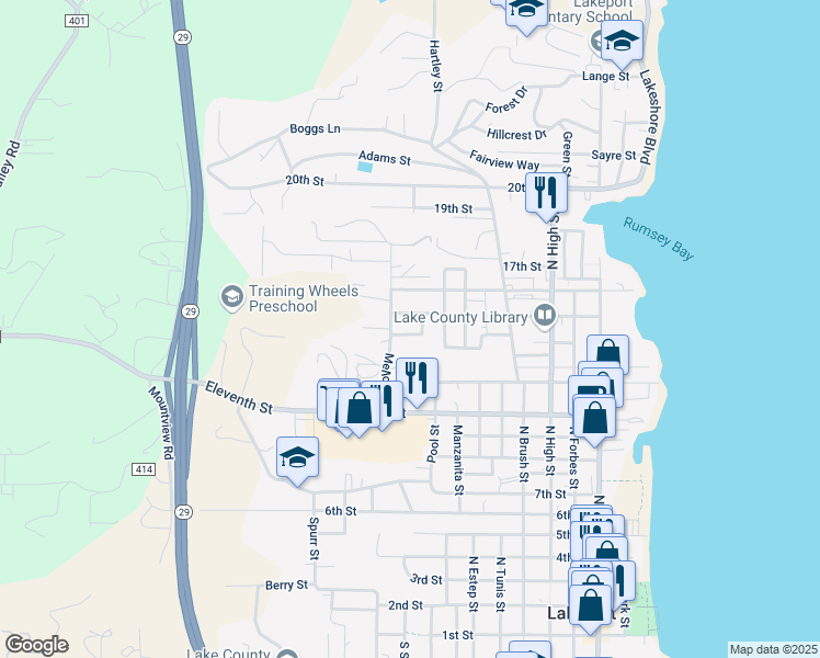 map of restaurants, bars, coffee shops, grocery stores, and more near 868 14th Street in Lakeport