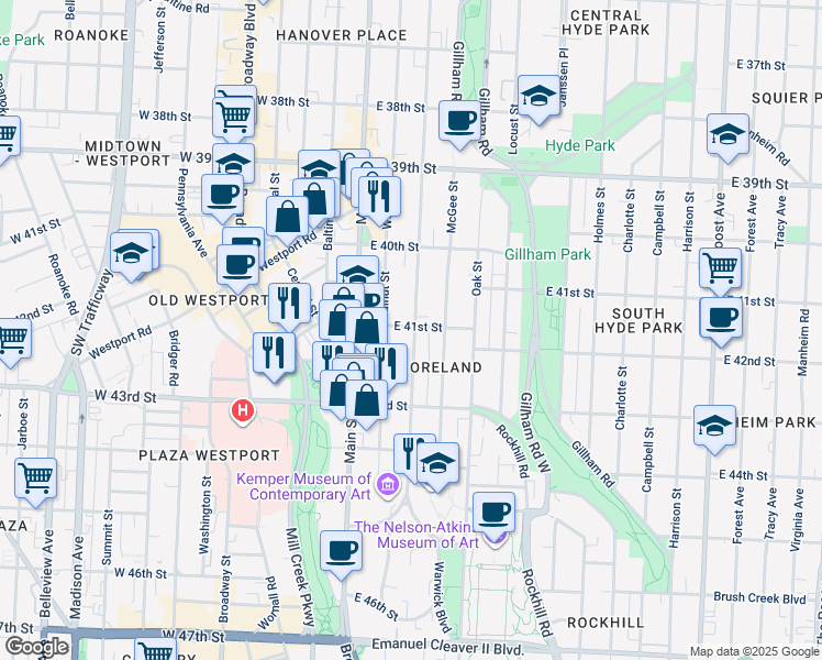 map of restaurants, bars, coffee shops, grocery stores, and more near 4111 Warwick Boulevard in Kansas City