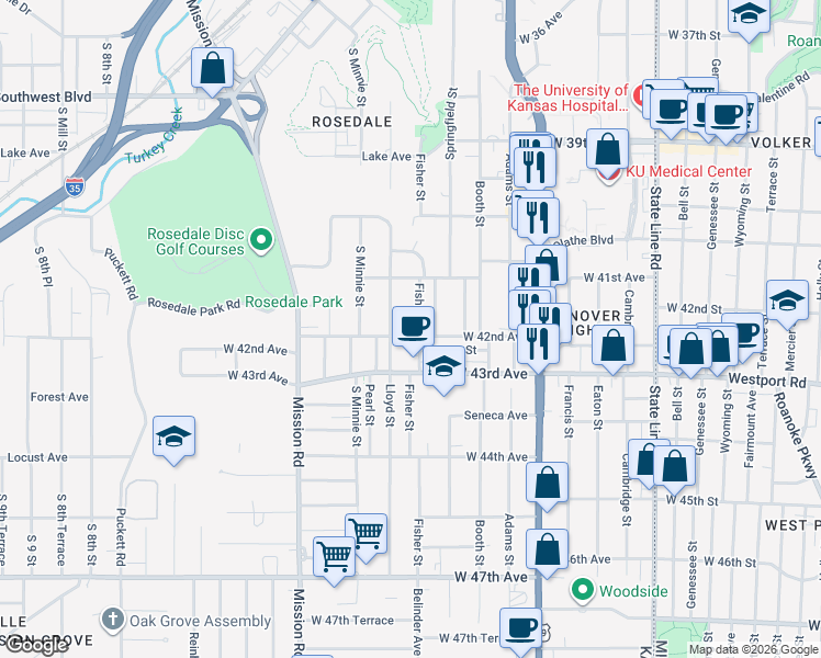 map of restaurants, bars, coffee shops, grocery stores, and more near 4138 Fisher Street in Kansas City