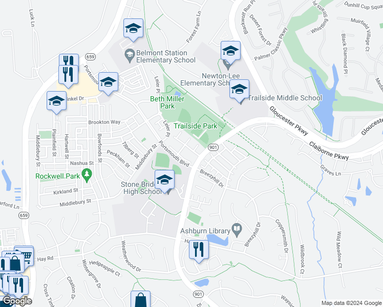 map of restaurants, bars, coffee shops, grocery stores, and more near 43219 Chestermill Terrace in Ashburn