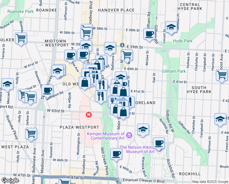map of restaurants, bars, coffee shops, grocery stores, and more near 4116 Main Street in Kansas City