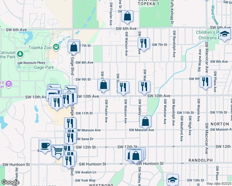 map of restaurants, bars, coffee shops, grocery stores, and more near 3211 Southwest 10th Avenue in Topeka