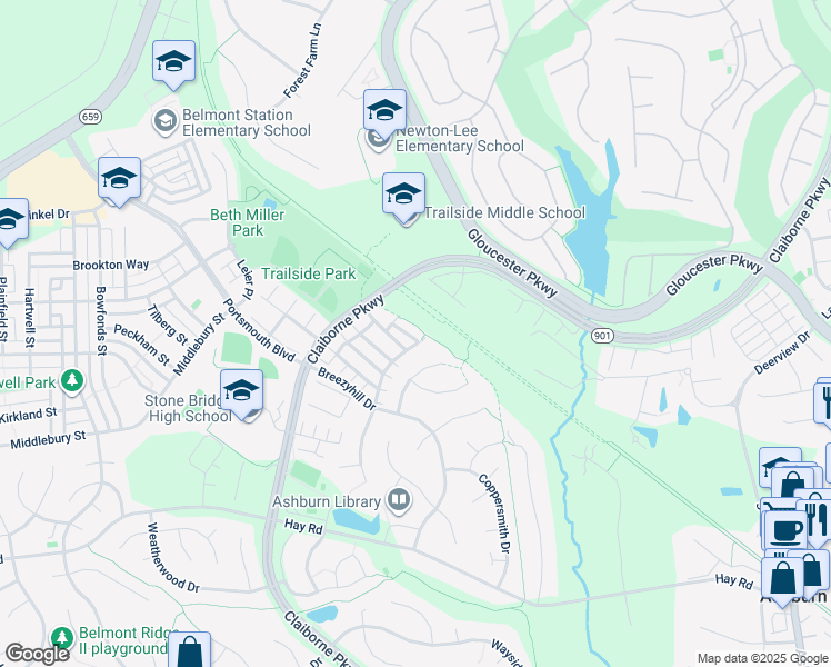 map of restaurants, bars, coffee shops, grocery stores, and more near 43420 Edgecliff Terrace in Ashburn