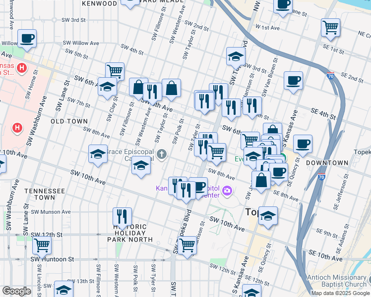 map of restaurants, bars, coffee shops, grocery stores, and more near 715 Southwest Tyler Street in Topeka