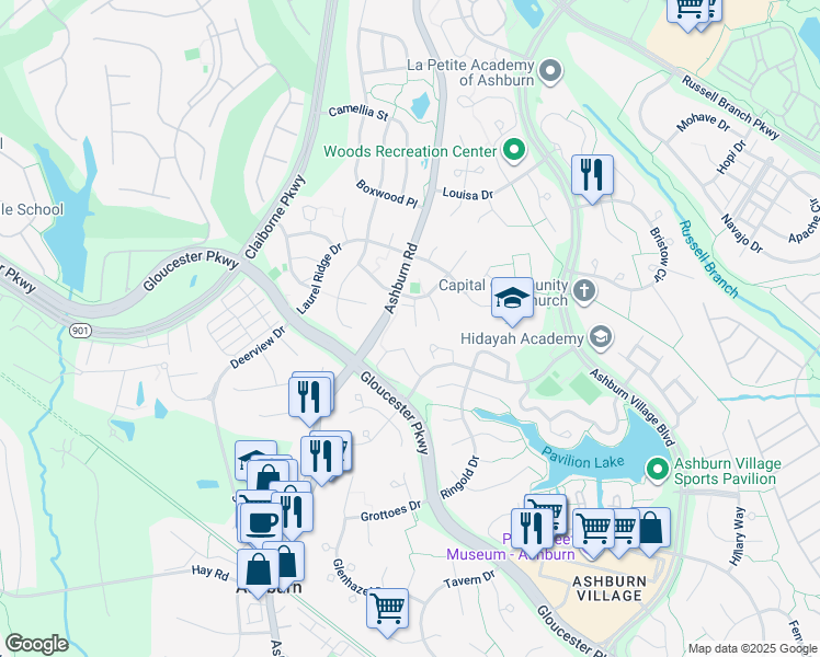 map of restaurants, bars, coffee shops, grocery stores, and more near 43881-43883 Chloe Terrace in Ashburn