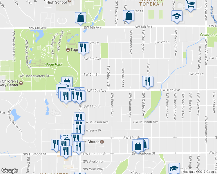 map of restaurants, bars, coffee shops, grocery stores, and more near Southwest Orleans Street in Topeka