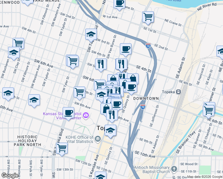 map of restaurants, bars, coffee shops, grocery stores, and more near 612 South Kansas Avenue in Topeka