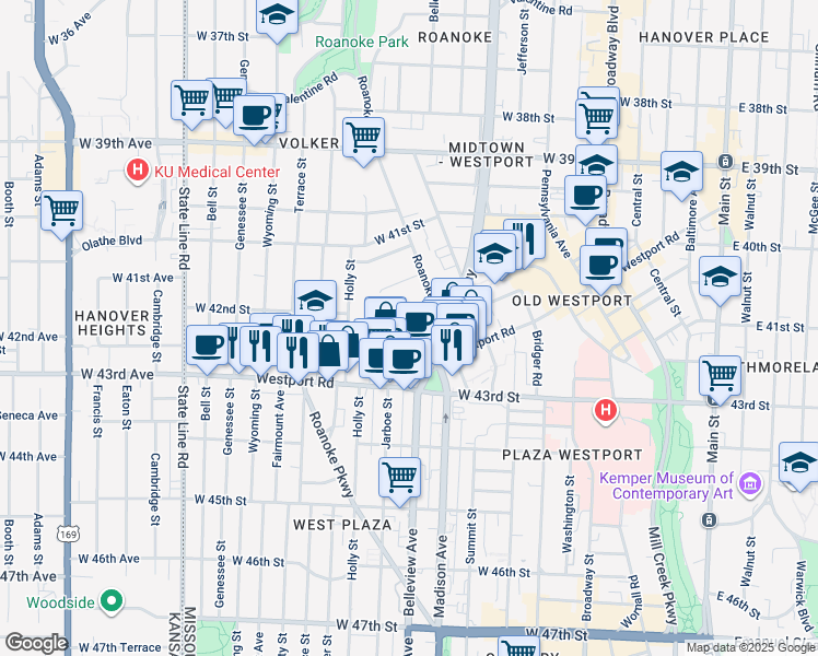 map of restaurants, bars, coffee shops, grocery stores, and more near 1002 Westport Road in Kansas City