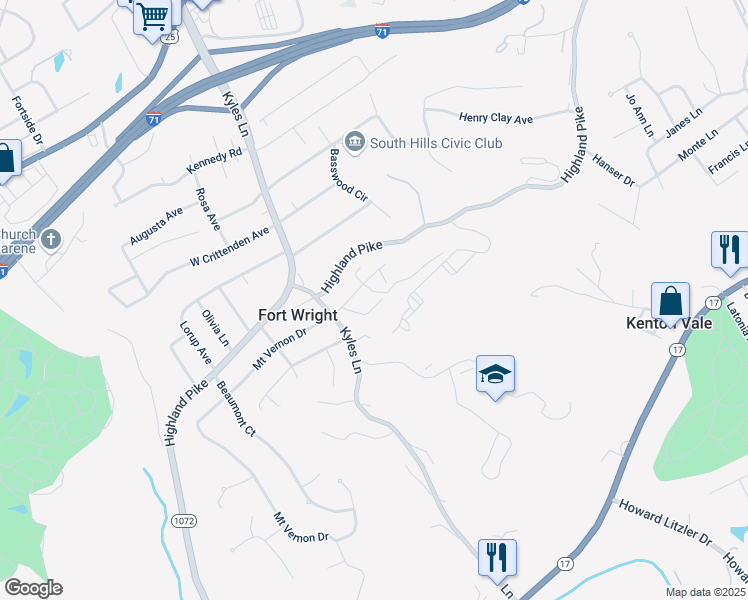 map of restaurants, bars, coffee shops, grocery stores, and more near 515 Fincastle Lane in Fort Wright