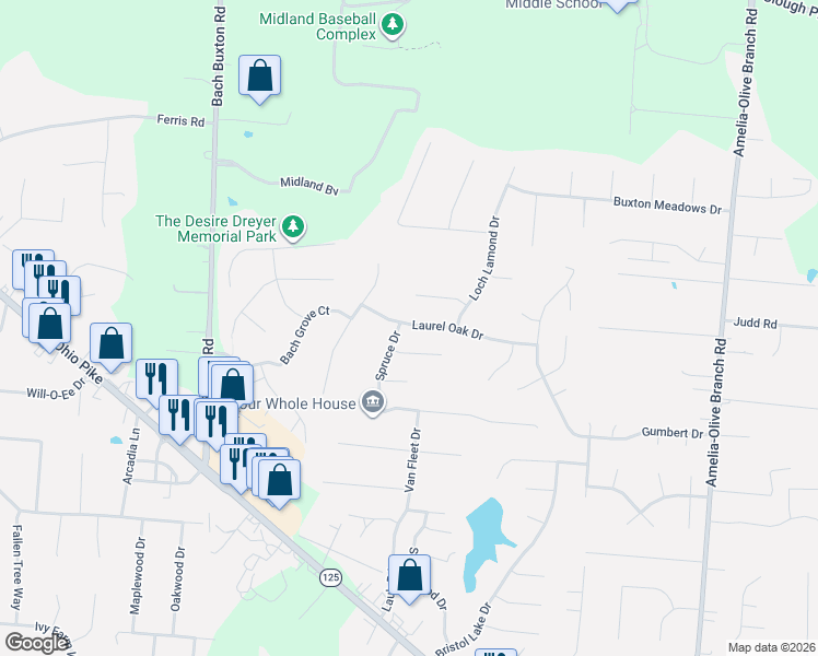 map of restaurants, bars, coffee shops, grocery stores, and more near 1801 Yellow Pine Court in Amelia