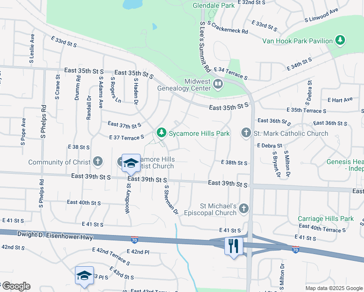 map of restaurants, bars, coffee shops, grocery stores, and more near 15812 East 38th Street South in Independence