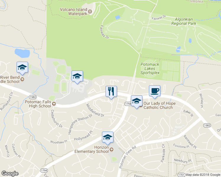 map of restaurants, bars, coffee shops, grocery stores, and more near 46642 Lynnhaven Square in Sterling